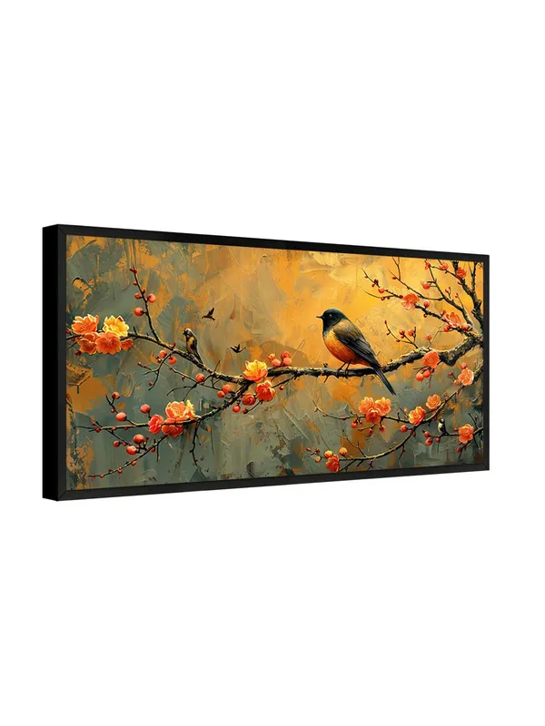 Bird_on_Cherry_Blossom_Branch_Canvas_Wall_Art,_Framed_Print,_Living_Room_Decor,_Orange_and_Grey