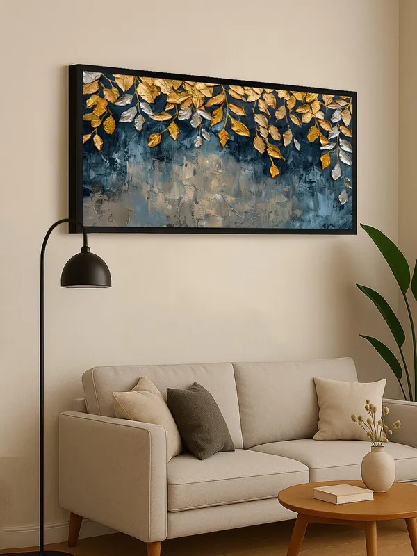 Modern_Canvas_Wall_Art,_Gold_and_Silver_Leaves_on_Blue_Abstract_Background,_Framed_Living_Room_Decor