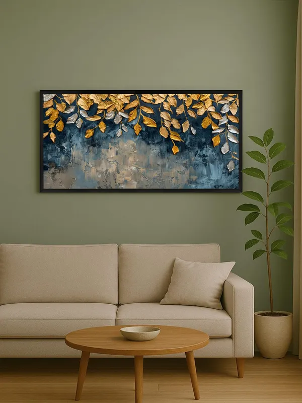 Modern_Canvas_Wall_Art,_Gold_and_Silver_Leaves_on_Blue_Abstract_Background,_Framed_Living_Room_Decor