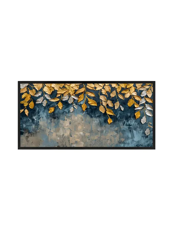 Modern_Canvas_Wall_Art,_Gold_and_Silver_Leaves_on_Blue_Abstract_Background,_Framed_Living_Room_Decor
