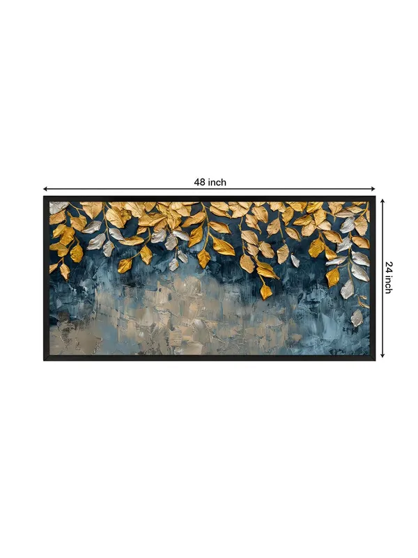 Modern_Canvas_Wall_Art,_Gold_and_Silver_Leaves_on_Blue_Abstract_Background,_Framed_Living_Room_Decor