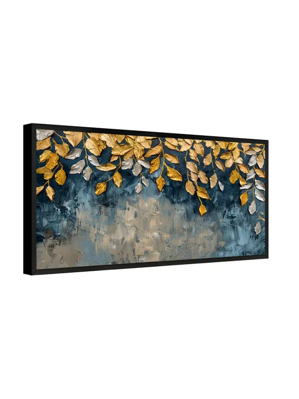 Modern_Canvas_Wall_Art,_Gold_and_Silver_Leaves_on_Blue_Abstract_Background,_Framed_Living_Room_Decor