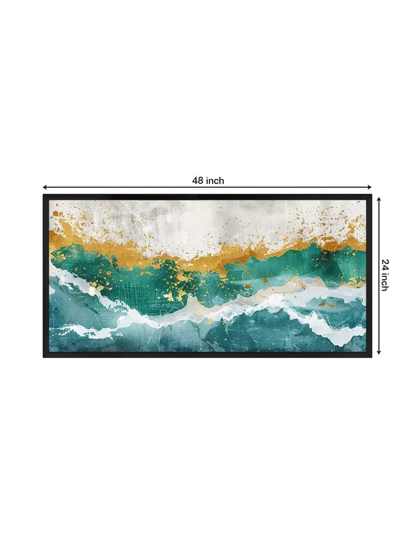 Abstract_Ocean_Wave_Wall_Art,_Teal_and_Gold_Canvas_Print_with_Black_Frame,_Modern_Living_Room_Decor