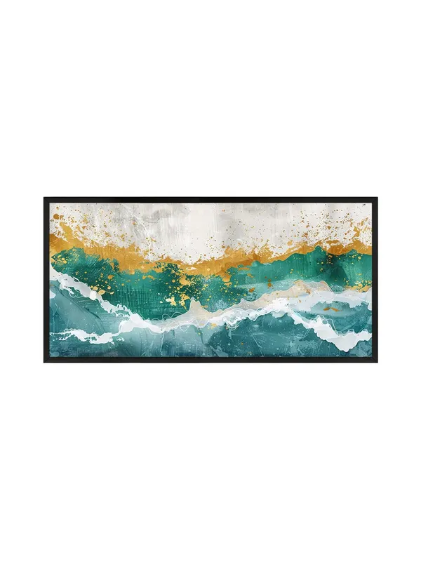 Abstract_Ocean_Wave_Wall_Art,_Teal_and_Gold_Canvas_Print_with_Black_Frame,_Modern_Living_Room_Decor