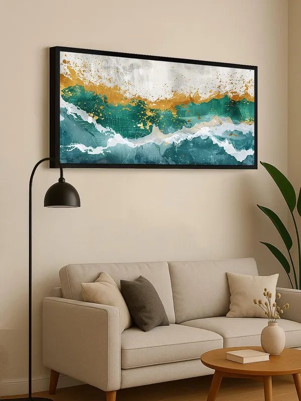 Abstract_Ocean_Wave_Wall_Art,_Teal_and_Gold_Canvas_Print_with_Black_Frame,_Modern_Living_Room_Decor