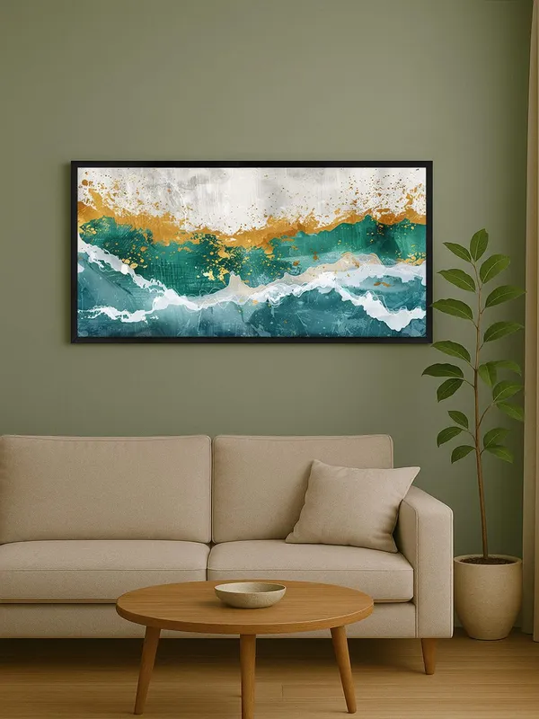 Abstract_Ocean_Wave_Wall_Art,_Teal_and_Gold_Canvas_Print_with_Black_Frame,_Modern_Living_Room_Decor