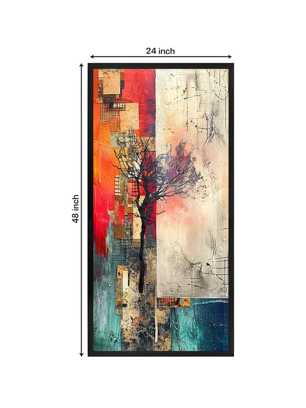 Modern_Abstract_Wall_Art_Canvas_Print,_Tree_Silhouette_Design,_Red_and_Turquoise,_Black_Frame