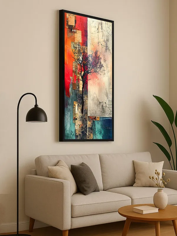 Modern_Abstract_Wall_Art_Canvas_Print,_Tree_Silhouette_Design,_Red_and_Turquoise,_Black_Frame