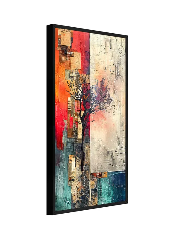 Modern_Abstract_Wall_Art_Canvas_Print,_Tree_Silhouette_Design,_Red_and_Turquoise,_Black_Frame