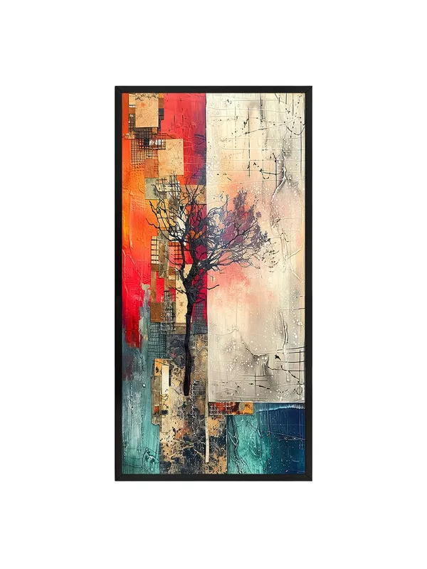 Modern_Abstract_Wall_Art_Canvas_Print,_Tree_Silhouette_Design,_Red_and_Turquoise,_Black_Frame