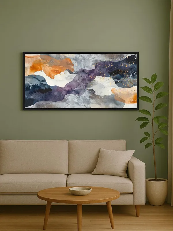 Abstract_Watercolor_Wall_Art,_Modern_Cloud_Design_Canvas_Print_with_Navy_Blue_and_Orange,_Black_Frame