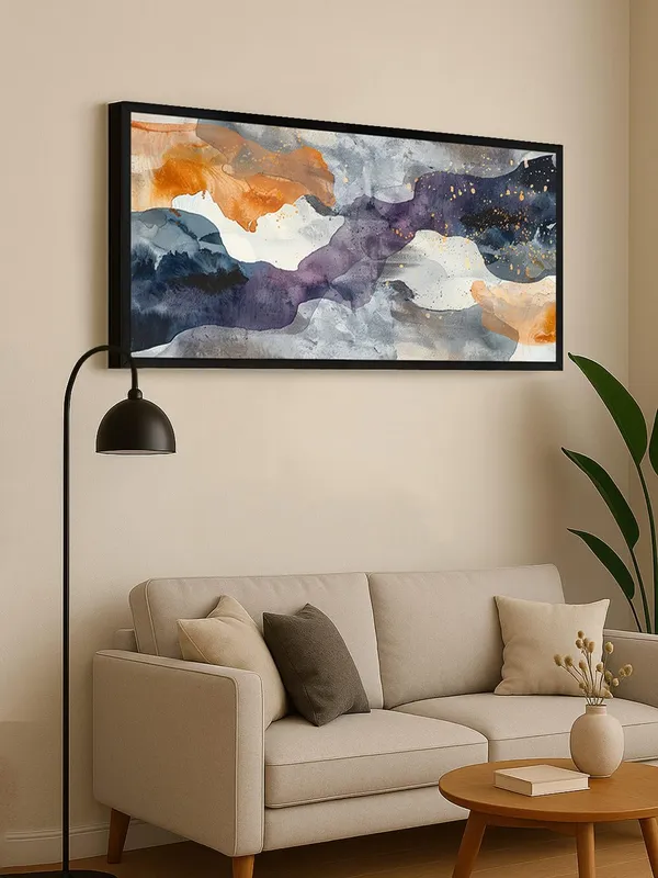 Abstract_Watercolor_Wall_Art,_Modern_Cloud_Design_Canvas_Print_with_Navy_Blue_and_Orange,_Black_Frame