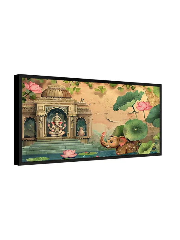 Traditional_Ganesha_Temple_Art_with_Lotus_Pond_and_Baby_Elephant,_Indian_Wall_Decor,_Black_Framed_Canvas_Print