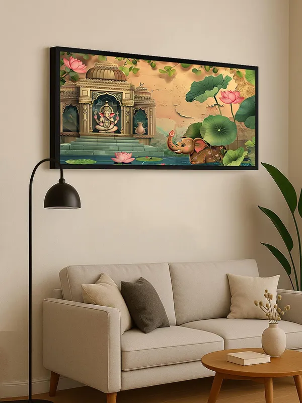 Traditional_Ganesha_Temple_Art_with_Lotus_Pond_and_Baby_Elephant,_Indian_Wall_Decor,_Black_Framed_Canvas_Print