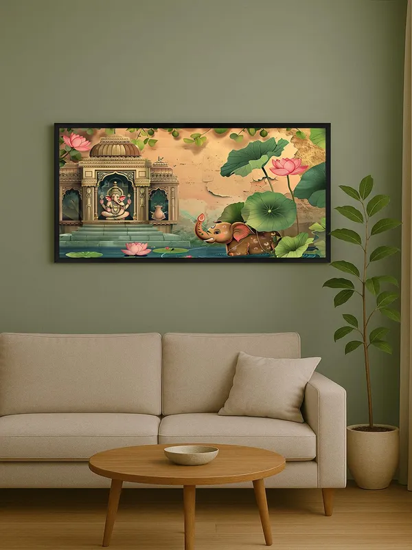 Traditional_Ganesha_Temple_Art_with_Lotus_Pond_and_Baby_Elephant,_Indian_Wall_Decor,_Black_Framed_Canvas_Print