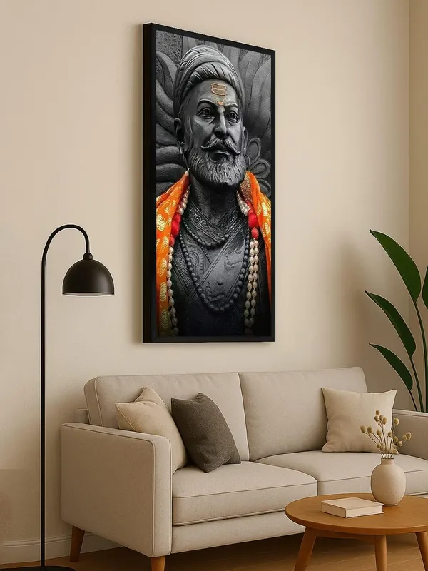Traditional_Warrior_Portrait_Canvas_Wall_Art,_Black_Frame,_Orange_Saffron_Scarf,_Living_Room_Decor