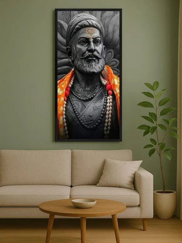 Traditional_Warrior_Portrait_Canvas_Wall_Art,_Black_Frame,_Orange_Saffron_Scarf,_Living_Room_Decor