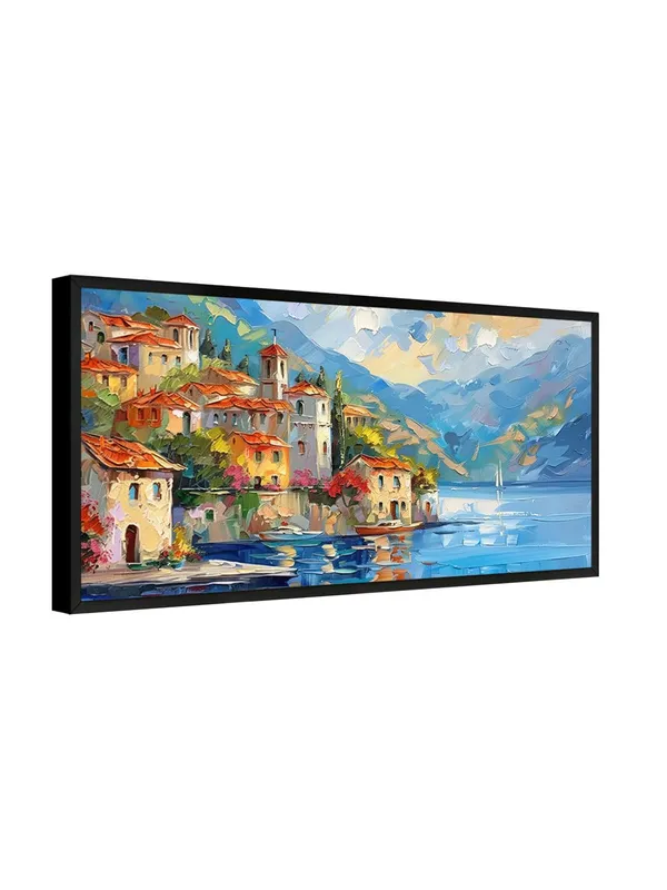 Mediterranean_Coastal_Village_Canvas_Wall_Art,_Large_Framed_Seascape_Painting,_Living_Room_Decor