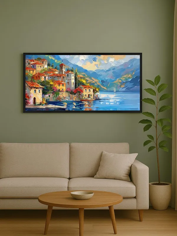 Mediterranean_Coastal_Village_Canvas_Wall_Art,_Large_Framed_Seascape_Painting,_Living_Room_Decor