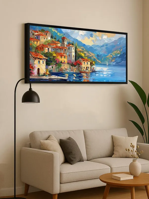 Mediterranean_Coastal_Village_Canvas_Wall_Art,_Large_Framed_Seascape_Painting,_Living_Room_Decor