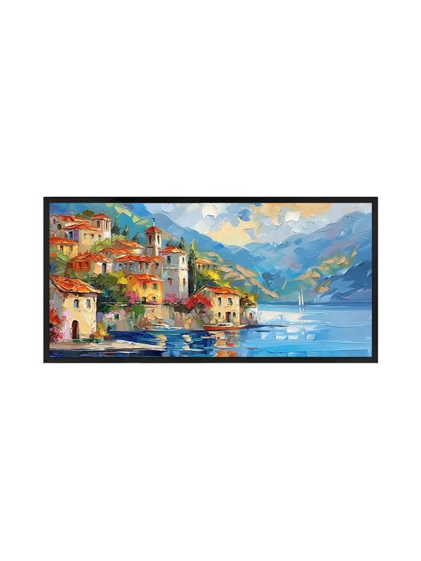 Mediterranean_Coastal_Village_Canvas_Wall_Art,_Large_Framed_Seascape_Painting,_Living_Room_Decor