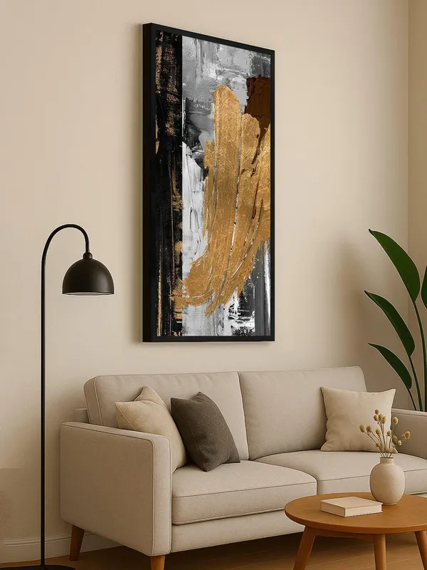 Modern_Abstract_Wall_Art_Canvas,_Black_Frame,_Gold_and_Grey_Brushstroke_Design,_Living_Room_Decor