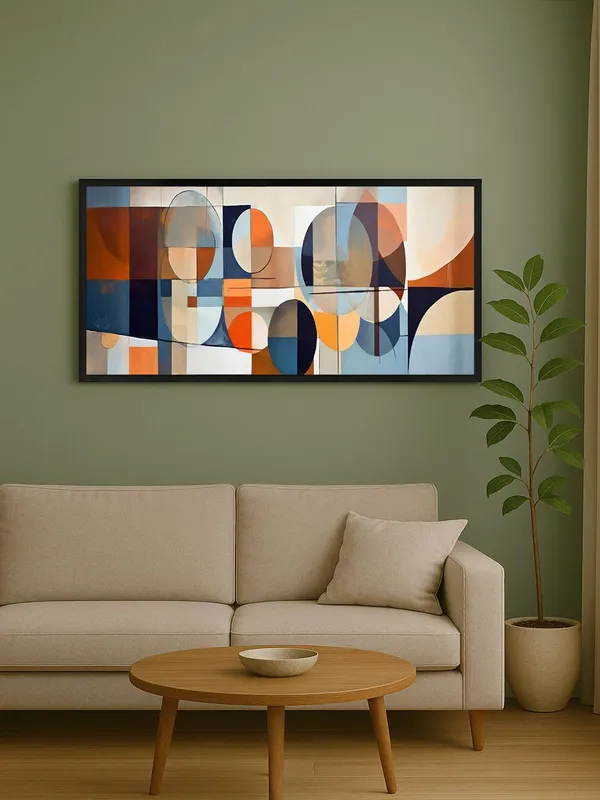 Modern_Abstract_Wall_Art_Canvas_Print,_Geometric_Pattern_in_Blue_Orange,_Black_Frame,_Living_Room_Decor