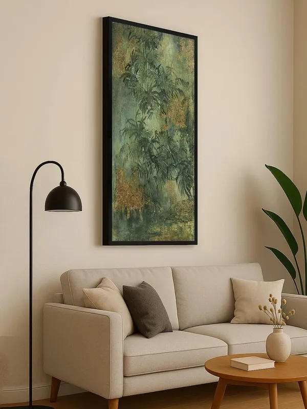 Tropical_Palm_Leaves_Wall_Art,_Black_Frame,_Green_and_Gold_Canvas_Print,_Living_Room_Decor