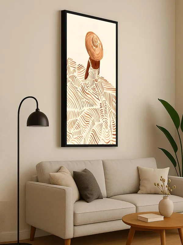Modern_Abstract_Wall_Art,_Terracotta_Waves_Pattern,_Black_Frame,_Vertical_Canvas_Print