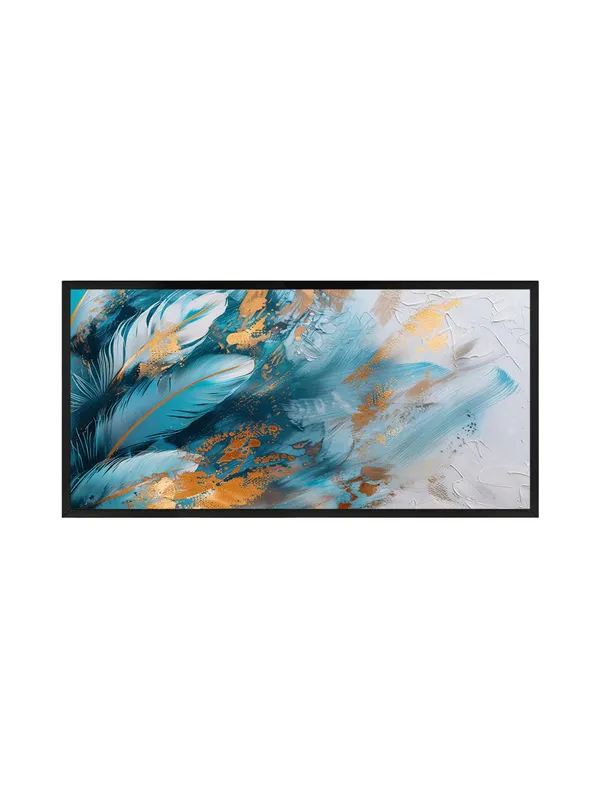 Modern_Abstract_Wall_Art_Canvas_Painting,_Blue_and_Gold_Feather_Design,_Black_Frame