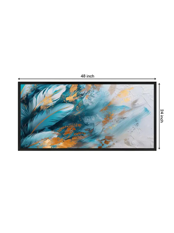 Modern_Abstract_Wall_Art_Canvas_Painting,_Blue_and_Gold_Feather_Design,_Black_Frame