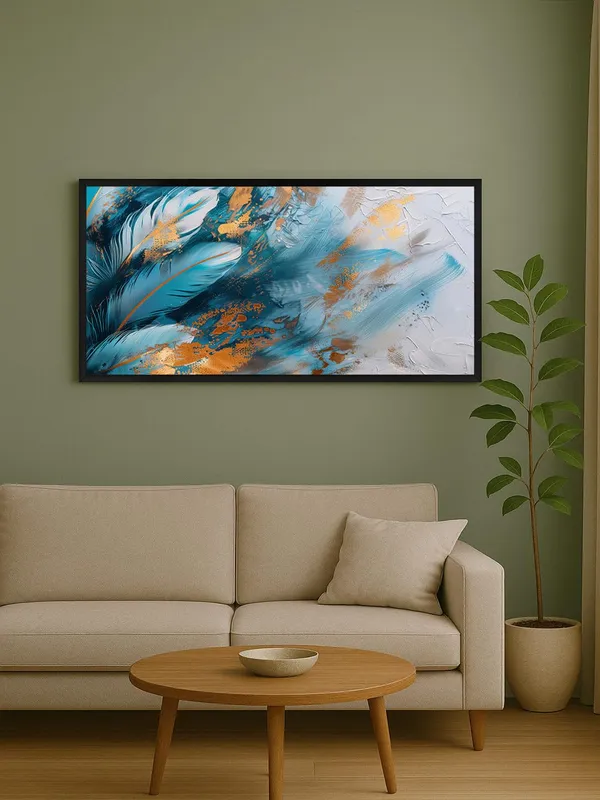 Modern_Abstract_Wall_Art_Canvas_Painting,_Blue_and_Gold_Feather_Design,_Black_Frame