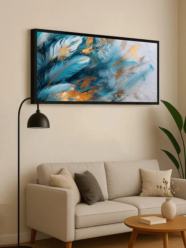 Modern_Abstract_Wall_Art_Canvas_Painting,_Blue_and_Gold_Feather_Design,_Black_Frame