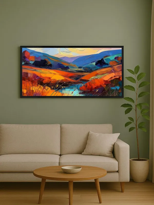Modern_Abstract_Landscape_Wall_Art,_Vibrant_Mountain_Scene_Canvas_Print_with_Black_Frame,_Living_Room_Decor