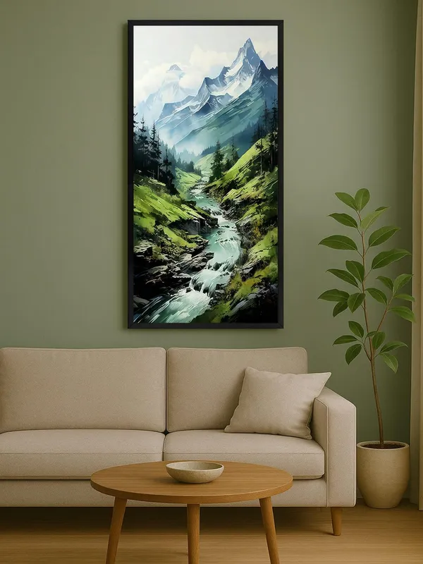 Mountain_Stream_Landscape_Canvas_Wall_Art,_Large_Nature_Print_with_Black_Frame,_Living_Room_Decor
