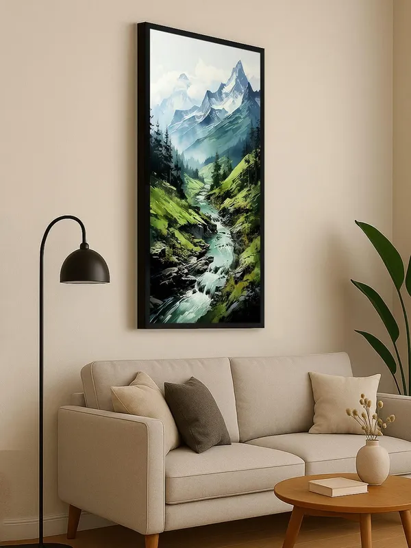 Mountain_Stream_Landscape_Canvas_Wall_Art,_Large_Nature_Print_with_Black_Frame,_Living_Room_Decor