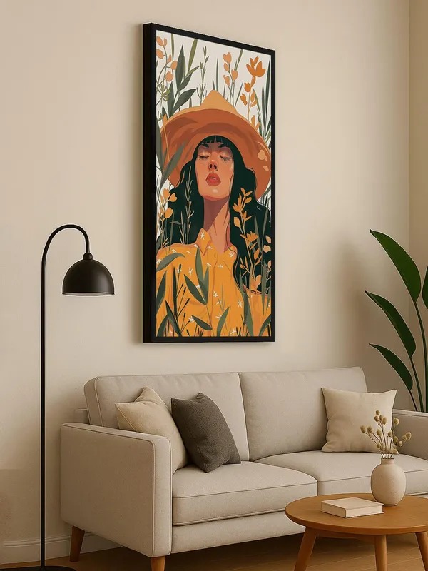 Modern_Floral_Wall_Art_Print,_Orange_and_Green_Botanical_Portrait,_Black_Frame,_Living_Room_Decor