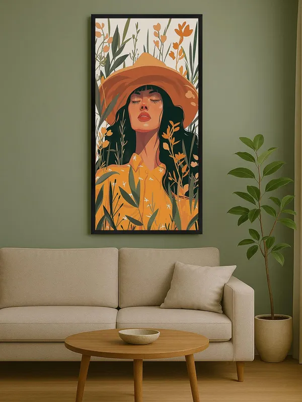 Modern_Floral_Wall_Art_Print,_Orange_and_Green_Botanical_Portrait,_Black_Frame,_Living_Room_Decor