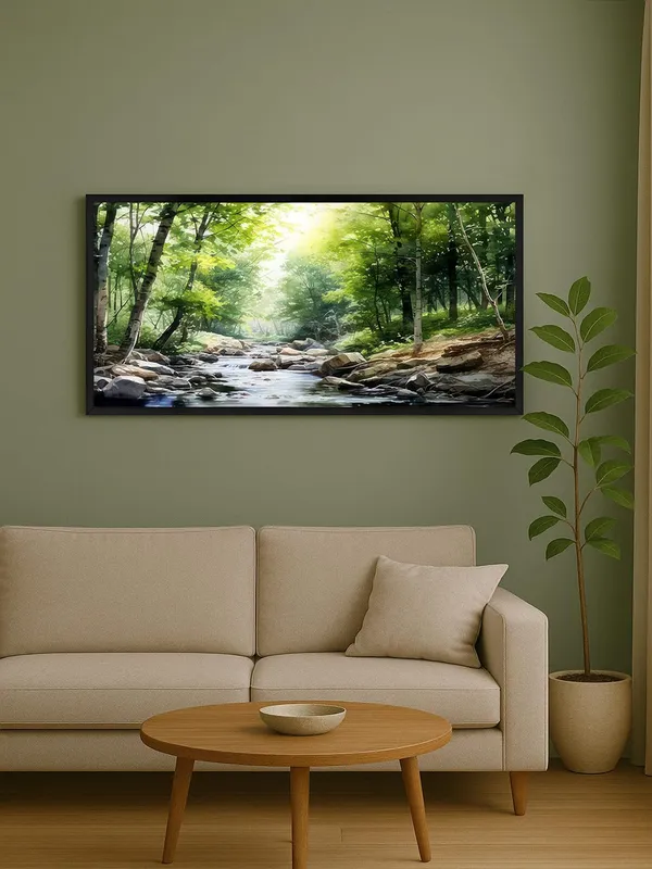 Forest_Stream_Nature_Canvas_Wall_Art,_Large_Living_Room_Decor,_Landscape_Painting_Print_with_Black_Frame