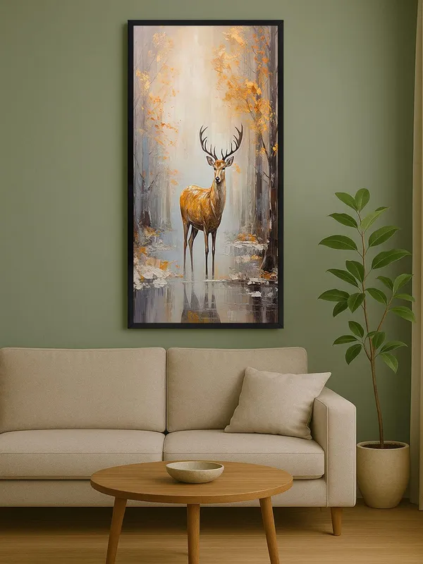 Large_Framed_Deer_Wall_Art,_Autumn_Forest_Scene_Canvas_Painting,_Modern_Wildlife_Home_Decor