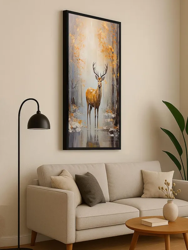 Large_Framed_Deer_Wall_Art,_Autumn_Forest_Scene_Canvas_Painting,_Modern_Wildlife_Home_Decor