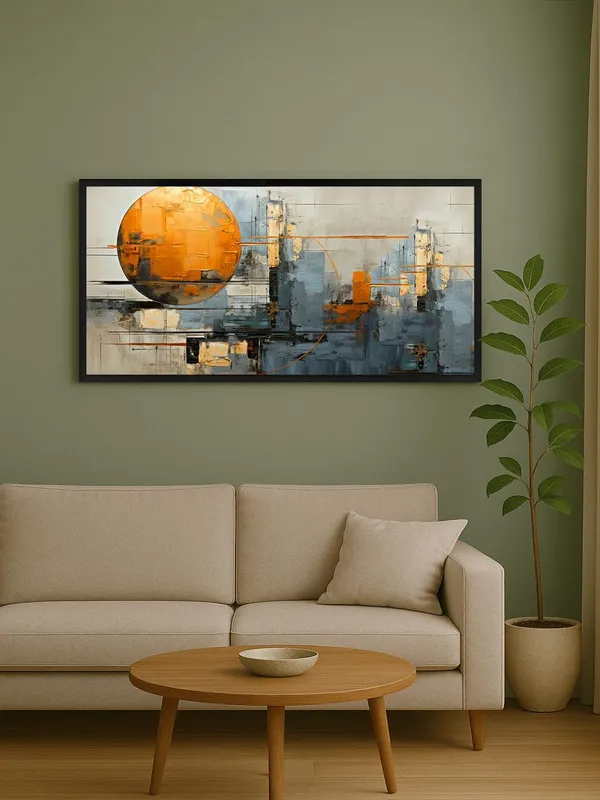 Modern_Abstract_Wall_Art_Canvas_Print,_Orange_Sun_and_Cityscape,_Black_Frame,_Living_Room_Decor