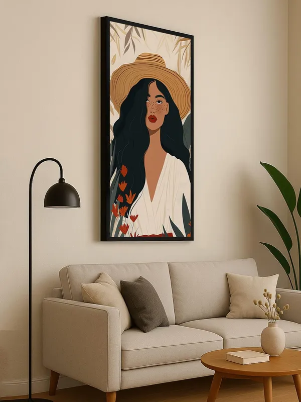 Modern_Tropical_Wall_Art_Print,_Black_Frame,_Botanical_Portrait_Illustration_with_Straw_Hat,_Living_Room_Decor