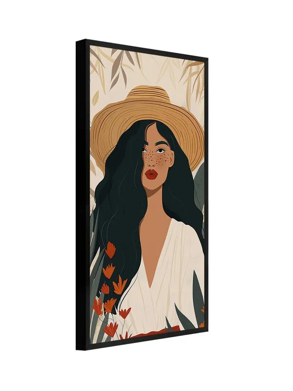 Modern_Tropical_Wall_Art_Print,_Black_Frame,_Botanical_Portrait_Illustration_with_Straw_Hat,_Living_Room_Decor