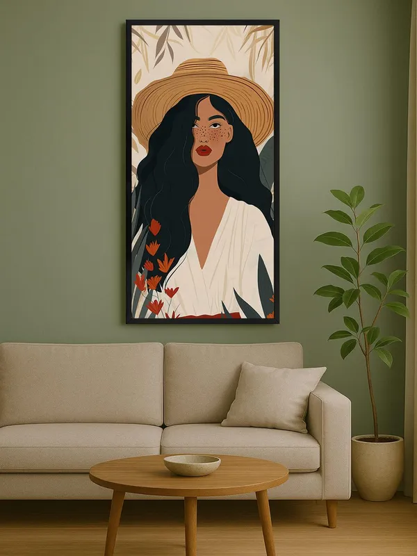 Modern_Tropical_Wall_Art_Print,_Black_Frame,_Botanical_Portrait_Illustration_with_Straw_Hat,_Living_Room_Decor