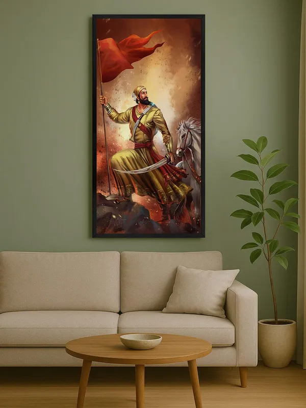 Historical_Warrior_Shiva_ji_Canvas_Wall_Art,_Black_Framed_Print,_120_x_60_cm,_Vertical_Matte_Finish,_Living_Room_Decor