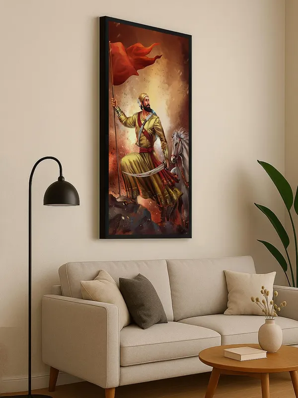 Historical_Warrior_Shiva_ji_Canvas_Wall_Art,_Black_Framed_Print,_120_x_60_cm,_Vertical_Matte_Finish,_Living_Room_Decor
