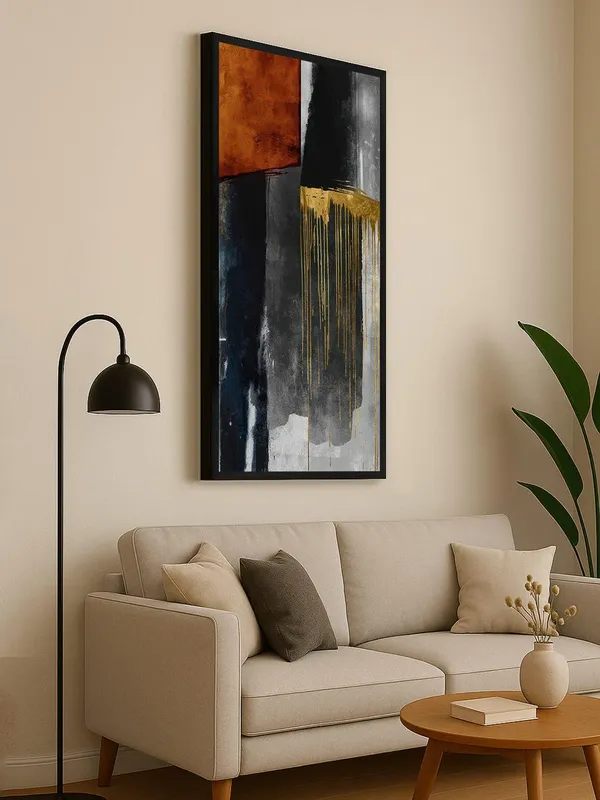 Modern_Abstract_Wall_Art_Canvas_Print,_Gold_and_Grey_with_Rust_Tones,_Black_Frame,_120_x_60_cm,_Vertical_Living_Room_Decor