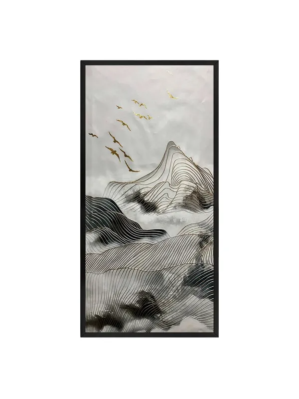 Modern_Abstract_Mountain_Landscape_Canvas_Wall_Art_with_Black_Frame,_120_x_60_cm,_Grey_and_Gold