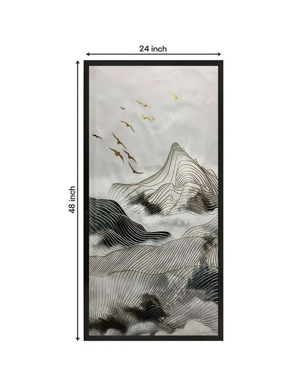 Modern_Abstract_Mountain_Landscape_Canvas_Wall_Art_with_Black_Frame,_120_x_60_cm,_Grey_and_Gold